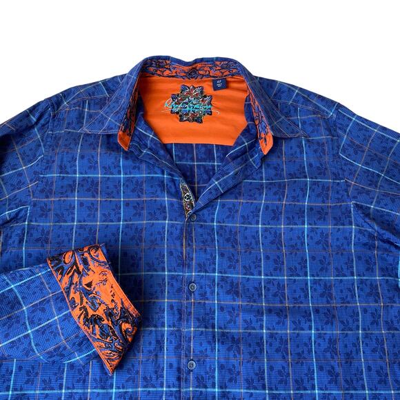 Robert Graham Other - Robert Graham Windowpane Plaid Flip Cuffs Shirt Men XLT Blue Floral Button Up